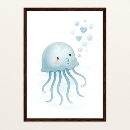 Quinn die Qualle - Motiv: "Luftblasen" Poster mit Holzrahmen von tinylearner