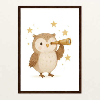 Emmi die Eule - Motiv: "Fernglas" Poster mit Holzrahmen von tinylearner