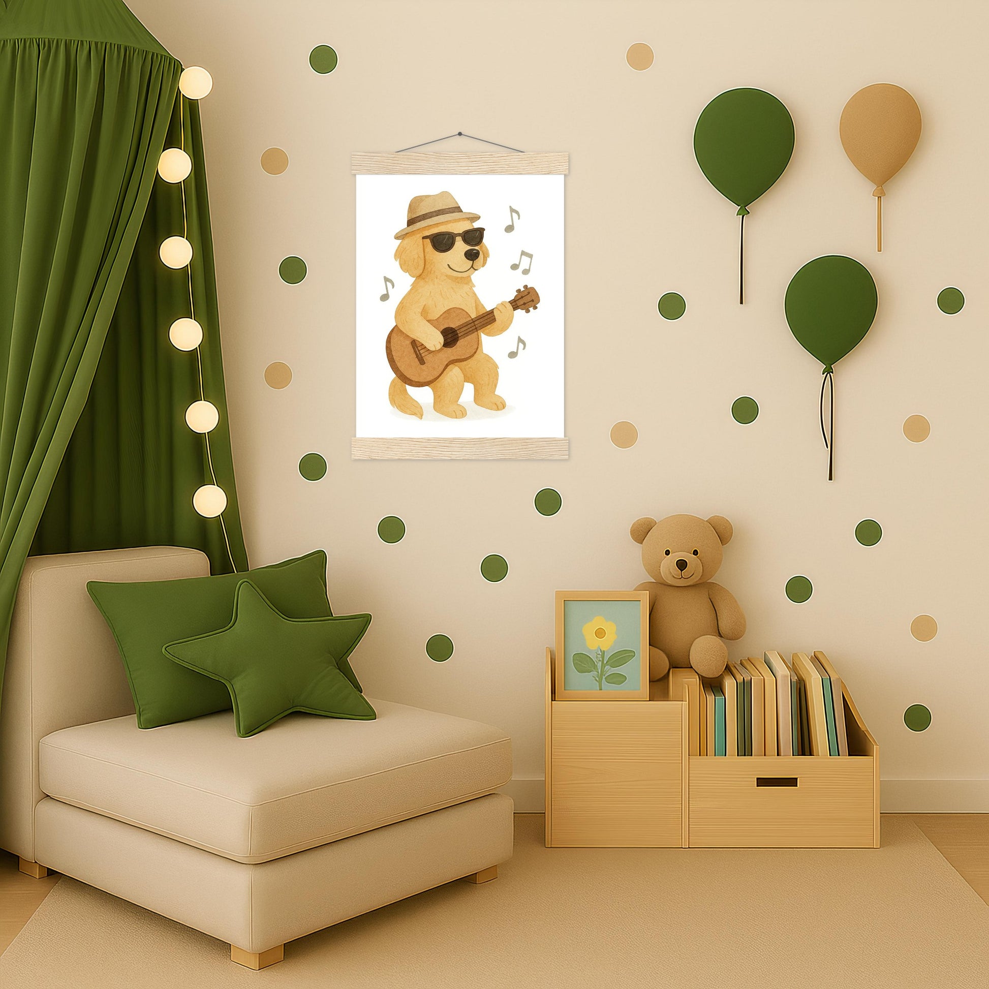 Hugo der Hund - Motiv: "Gitarre" Poster mit Leisten von tinylearner