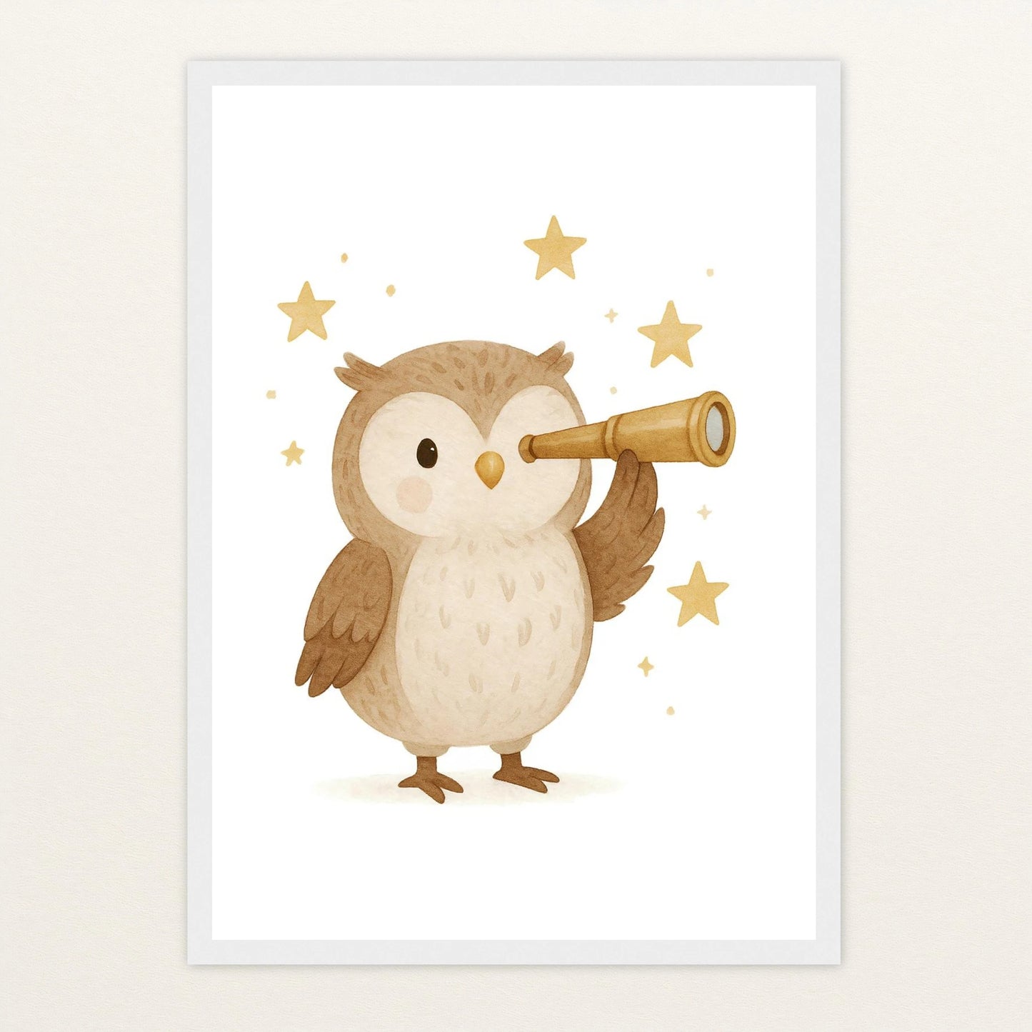 Emmi die Eule - Motiv: "Fernglas" Poster mit Holzrahmen von tinylearner