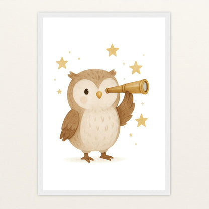 Emmi die Eule - Motiv: "Fernglas" Poster mit Holzrahmen von tinylearner