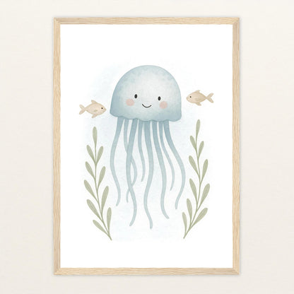 Quinn die Qualle Poster mit Holzrahmen von tinylearner