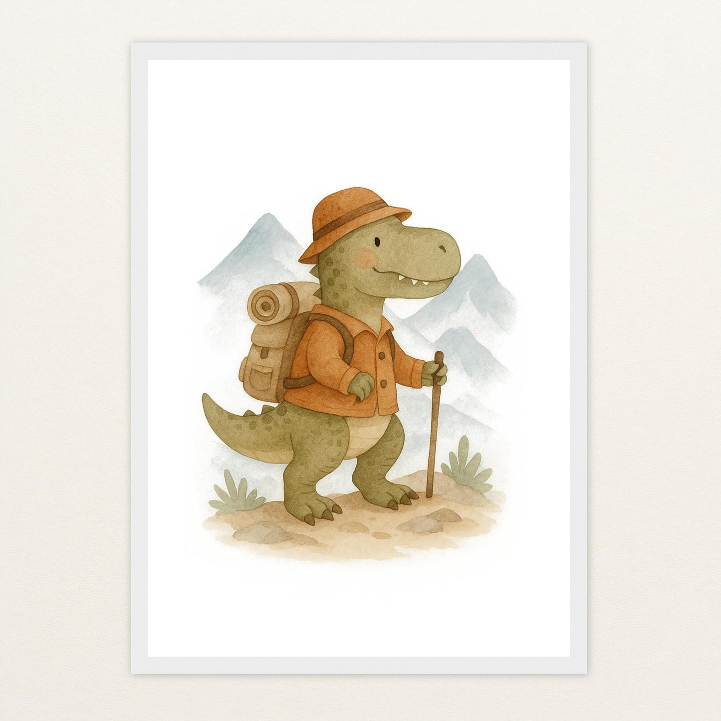 Dinosaurier T-Rex - Motiv: "Wandern" Poster mit Holzrahmen von tinylearner