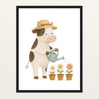 Klara die Kuh - Motiv: "Blumengießen" Poster mit Holzrahmen von tinylearner