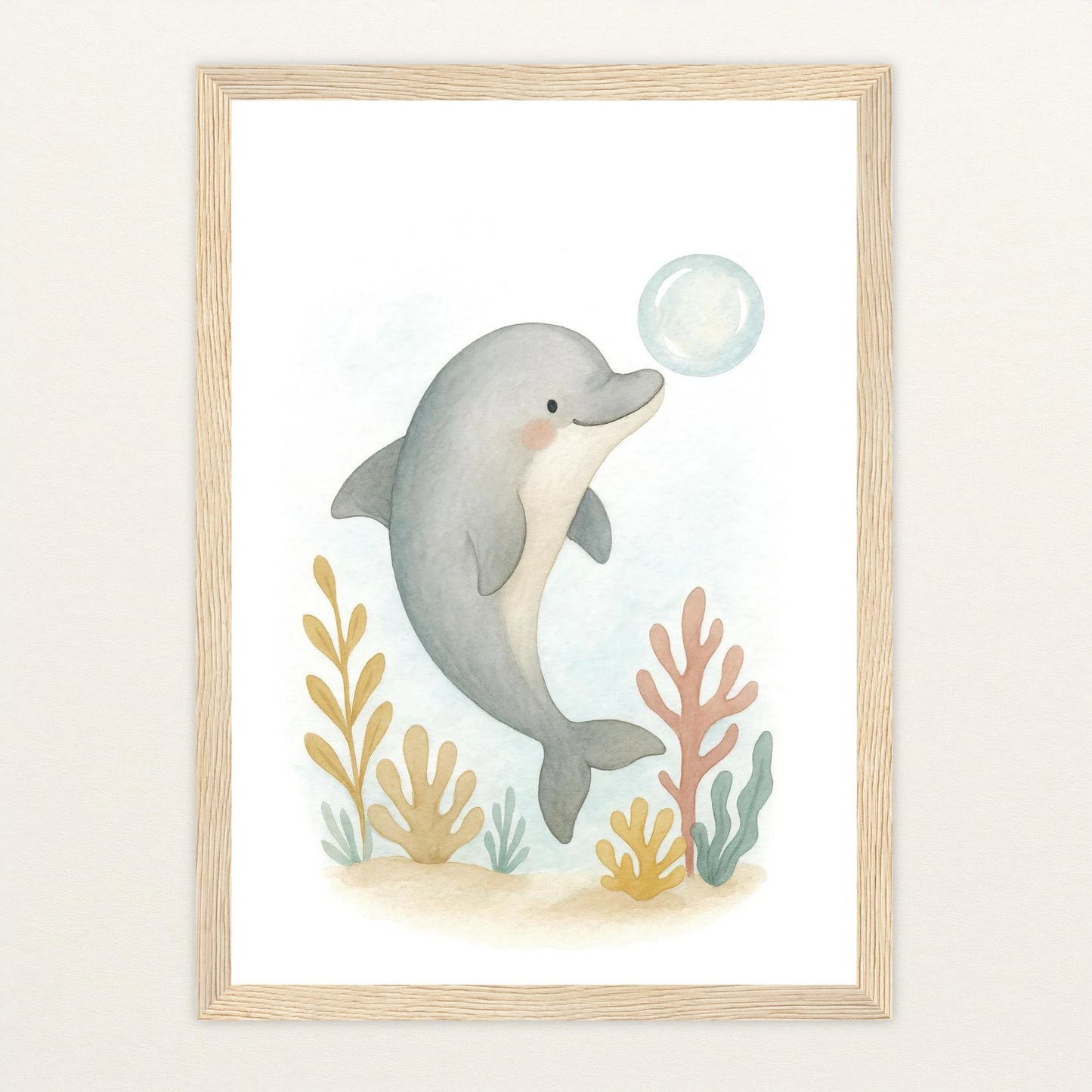 Dora der Delfin - Motiv: "Luftblase" Poster mit Holzrahmen von tinylearner