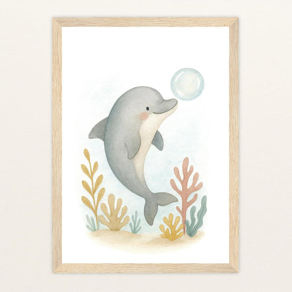 Dora der Delfin - Motiv: "Luftblase" Poster mit Holzrahmen von tinylearner