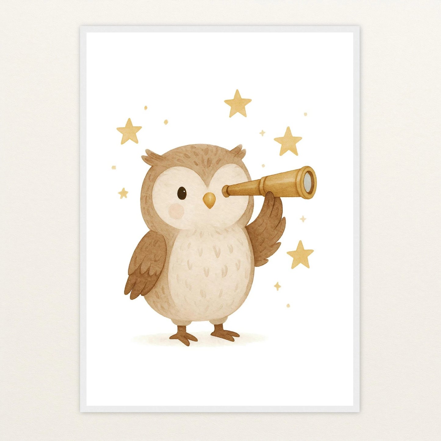 Emmi die Eule - Motiv: "Fernglas" Poster mit Holzrahmen von tinylearner