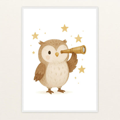 Emmi die Eule - Motiv: "Fernglas" Poster mit Holzrahmen von tinylearner