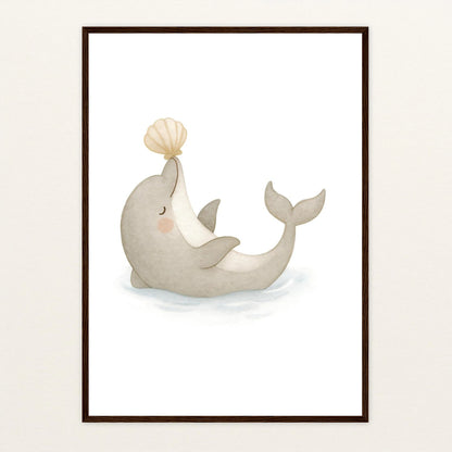 Dora der Delfin - Motiv: "Muschel" Poster mit Holzrahmen von tinylearner