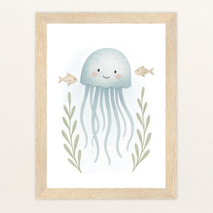 Quinn die Qualle Poster mit Holzrahmen von tinylearner