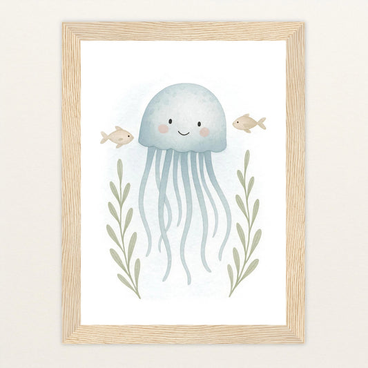Quinn die Qualle Poster mit Holzrahmen von tinylearner