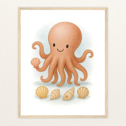 Tilli der Tintenfisch - Motiv: "Muscheln" Poster mit Holzrahmen von tinylearner