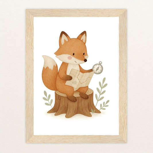 Finnegan der Fuchs - Motiv: "Abenteuerlust" Poster mit Holzrahmen von tinylearner