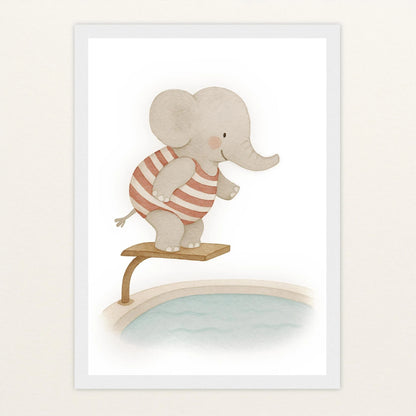Emil der Elefant - Motiv: "Pool" Poster mit Holzrahmen von tinylearner