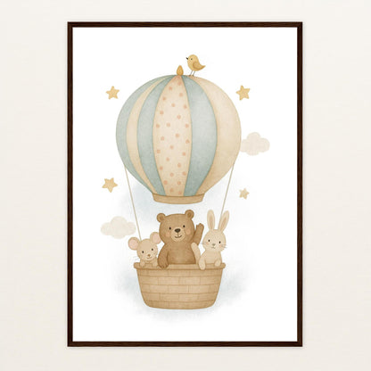 Tierfreunde - Motiv: "Heißluftballon" Poster mit Holzrahmen von tinylearner
