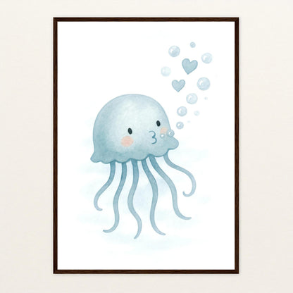 Quinn die Qualle - Motiv: "Luftblasen" Poster mit Holzrahmen von tinylearner