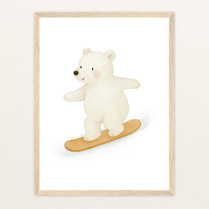 Pummel der Polarbär - Motiv: "Snowboard" Poster mit Holzrahmen von tinylearner