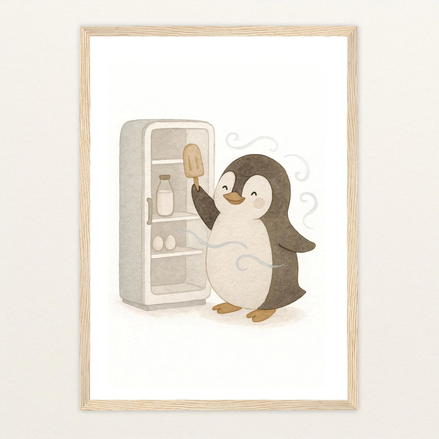 Pia der Pinguin - Motiv: "Eis" Poster mit Holzrahmen von tinylearner