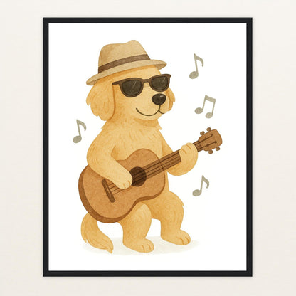 Hugo der Hund - Motiv: "Gitarre" Poster mit Holzrahmen von tinylearner