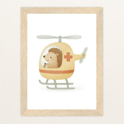 Iggi der Igel - Motiv: "Rettungshubschrauber" Poster mit Holzrahmen von tinylearner