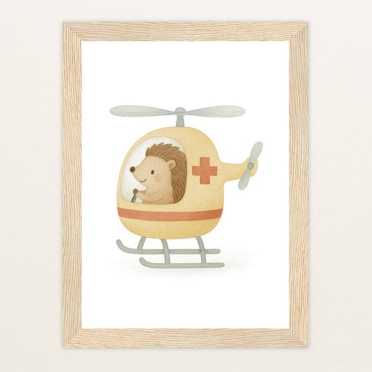 Iggi der Igel - Motiv: "Rettungshubschrauber" Poster mit Holzrahmen von tinylearner
