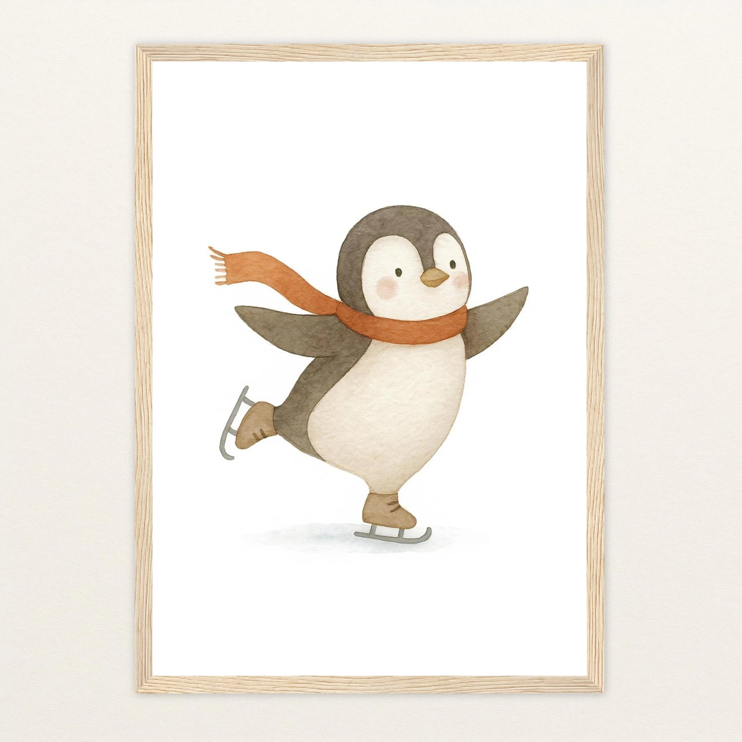 Pia der Pinguin - Motiv: "Eislaufen" Poster mit Holzrahmen von tinylearner