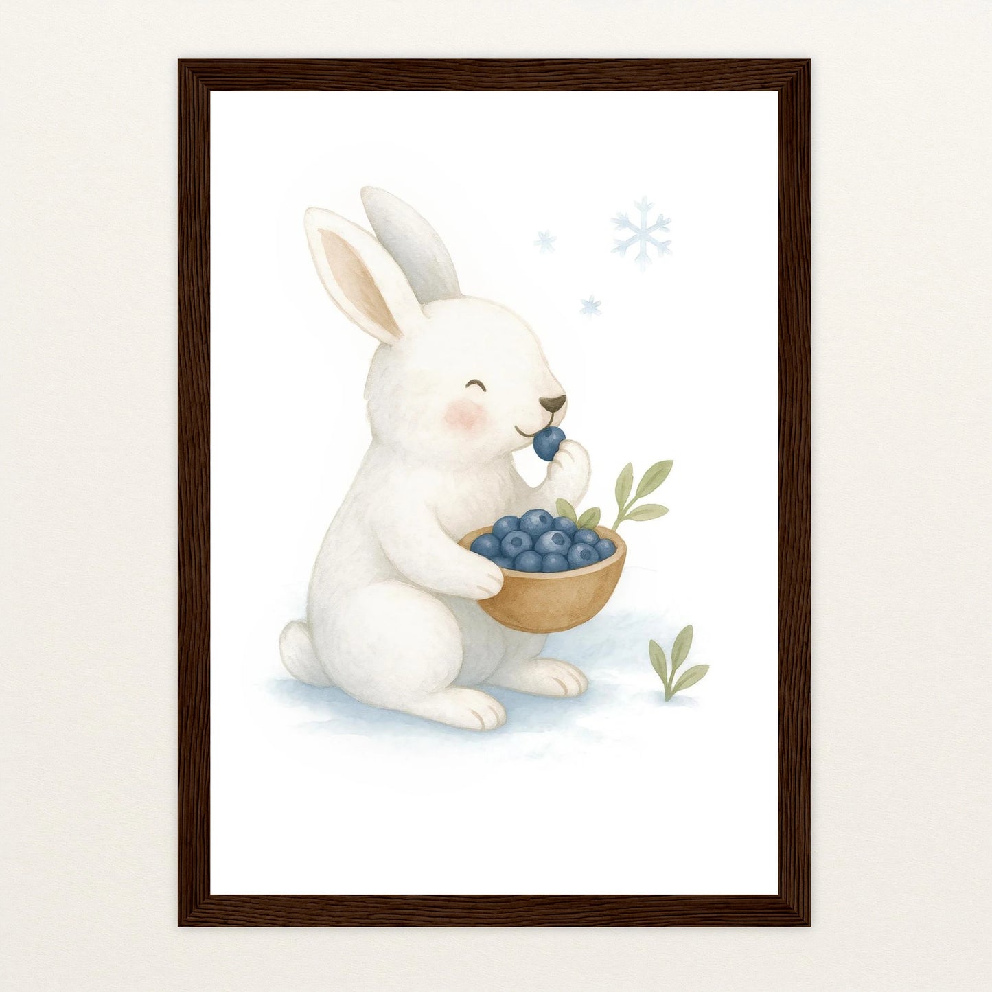 Sina der Schneehase - Motiv: "Blaubeeren" Poster mit Holzrahmen von tinylearner
