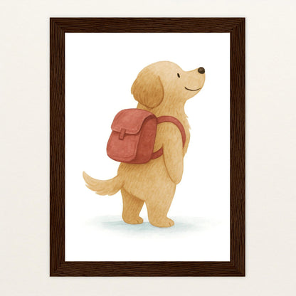 Hugo der Hund - Motiv: "Rucksack" Poster mit Holzrahmen von tinylearner