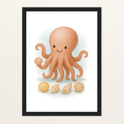 Tilli der Tintenfisch - Motiv: "Muscheln" Poster mit Holzrahmen von tinylearner