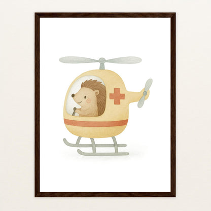 Iggi der Igel - Motiv: "Rettungshubschrauber" Poster mit Holzrahmen von tinylearner