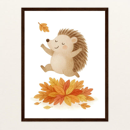 Iggi der Igel - Motiv: "Laub" Poster mit Holzrahmen von tinylearner