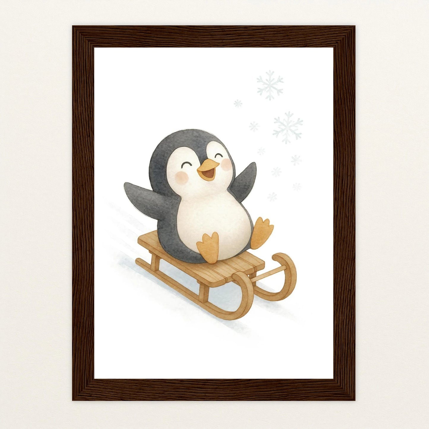 Pia der Pinguin - Motiv: "Schlitten" Poster mit Holzrahmen von tinylearner