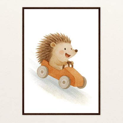 Iggi der Igel - Motiv: "Rennwagen" Poster mit Holzrahmen von tinylearner