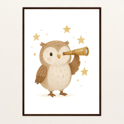 Emmi die Eule - Motiv: "Fernglas" Poster mit Holzrahmen von tinylearner