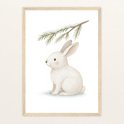 Sina der Schneehase - Motiv: "Nadelzweig" Poster mit Holzrahmen von tinylearner