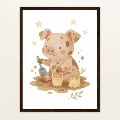 Susi das Schwein - Motiv: "Sandkasten" Poster mit Holzrahmen von tinylearner