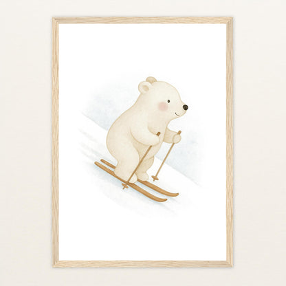 Pummel der Polarbär - Motiv: "Ski" Poster mit Holzrahmen von tinylearner