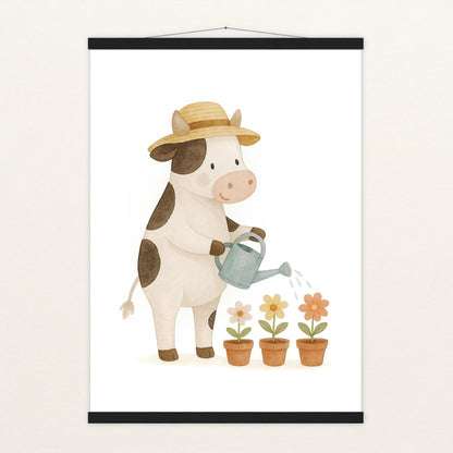 Klara die Kuh - Motiv: "Blumengießen" Poster mit Leisten von tinylearner