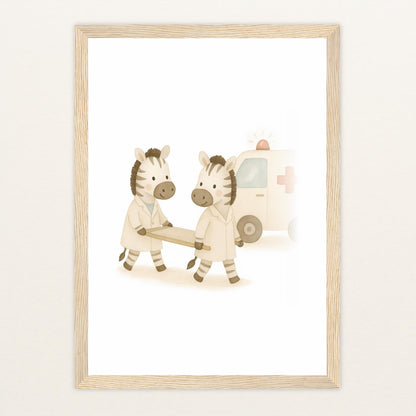 Zinni das Zebra - Motiv: "Krankenwagen" Poster mit Holzrahmen von tinylearner