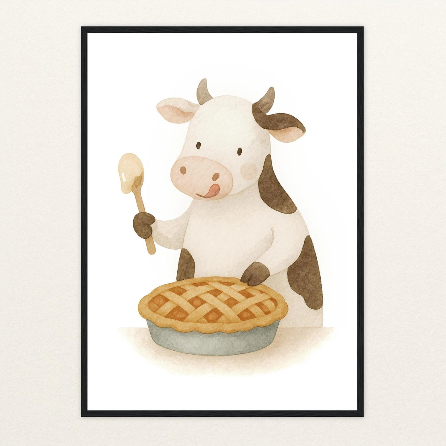 Klara die Kuh - Motiv: "Kuchen" Poster mit Holzrahmen von tinylearner