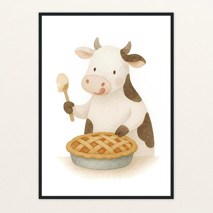 Klara die Kuh - Motiv: "Kuchen" Poster mit Holzrahmen von tinylearner