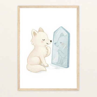 Pino der Polarfuchs - Motiv: "Spiegel" Poster mit Holzrahmen von tinylearner