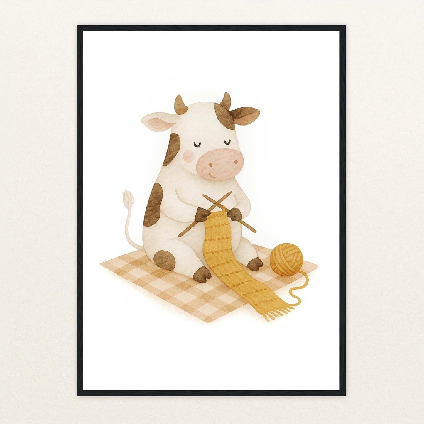 Klara die Kuh - Motiv: "Häkeln" Poster mit Holzrahmen von tinylearner