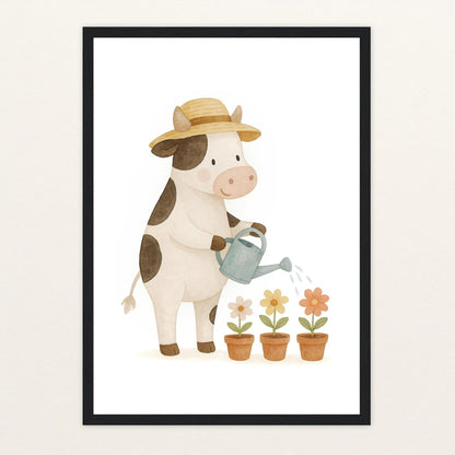 Klara die Kuh - Motiv: "Blumengießen" Poster mit Holzrahmen von tinylearner