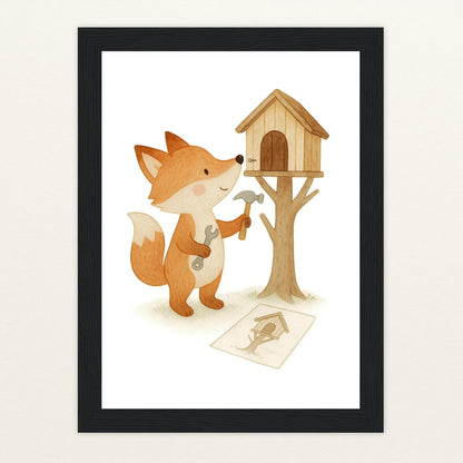 Finnegan der Fuchs - Motiv: "Baumhaus" Poster mit Holzrahmen von tinylearner