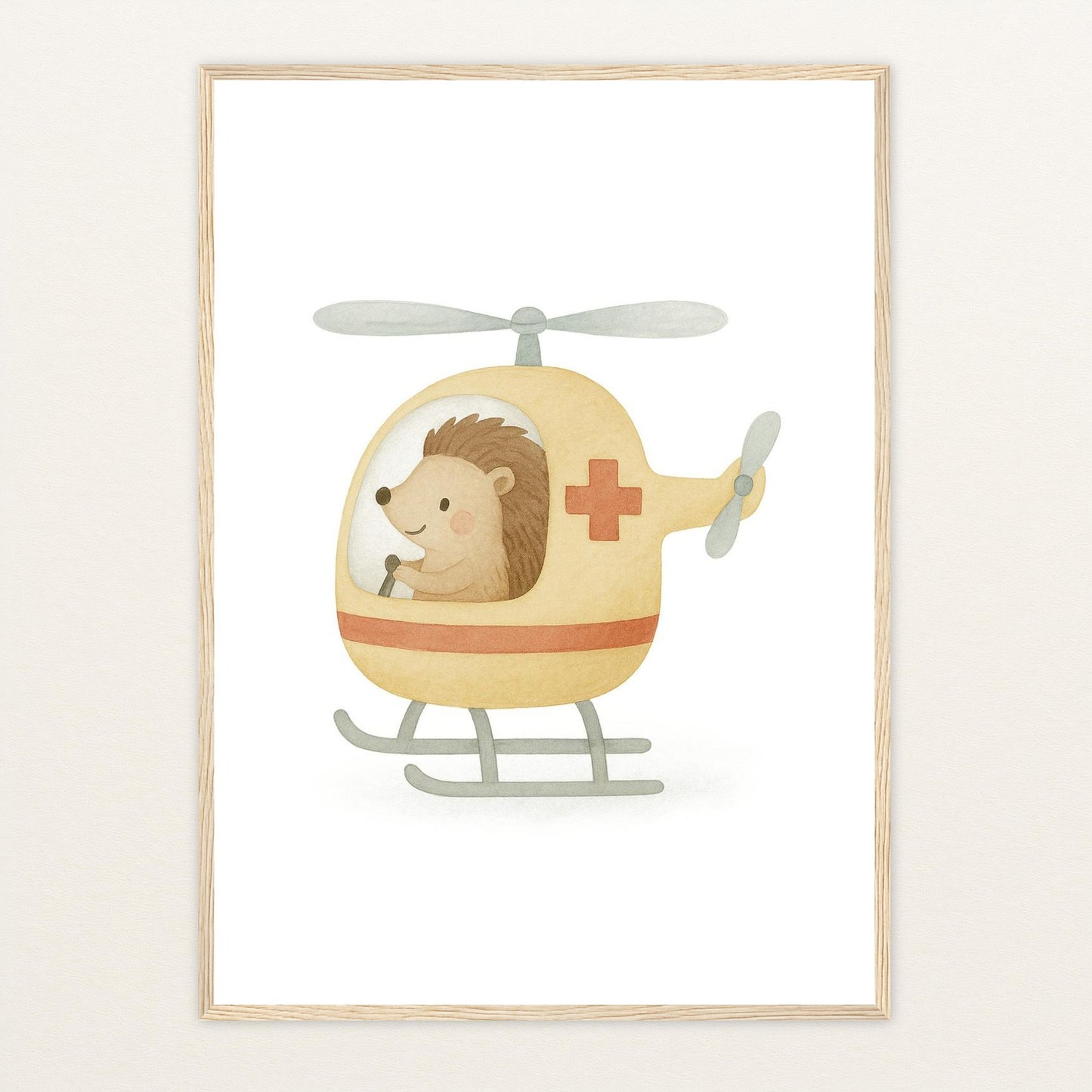 Iggi der Igel - Motiv: "Rettungshubschrauber" Poster mit Holzrahmen von tinylearner