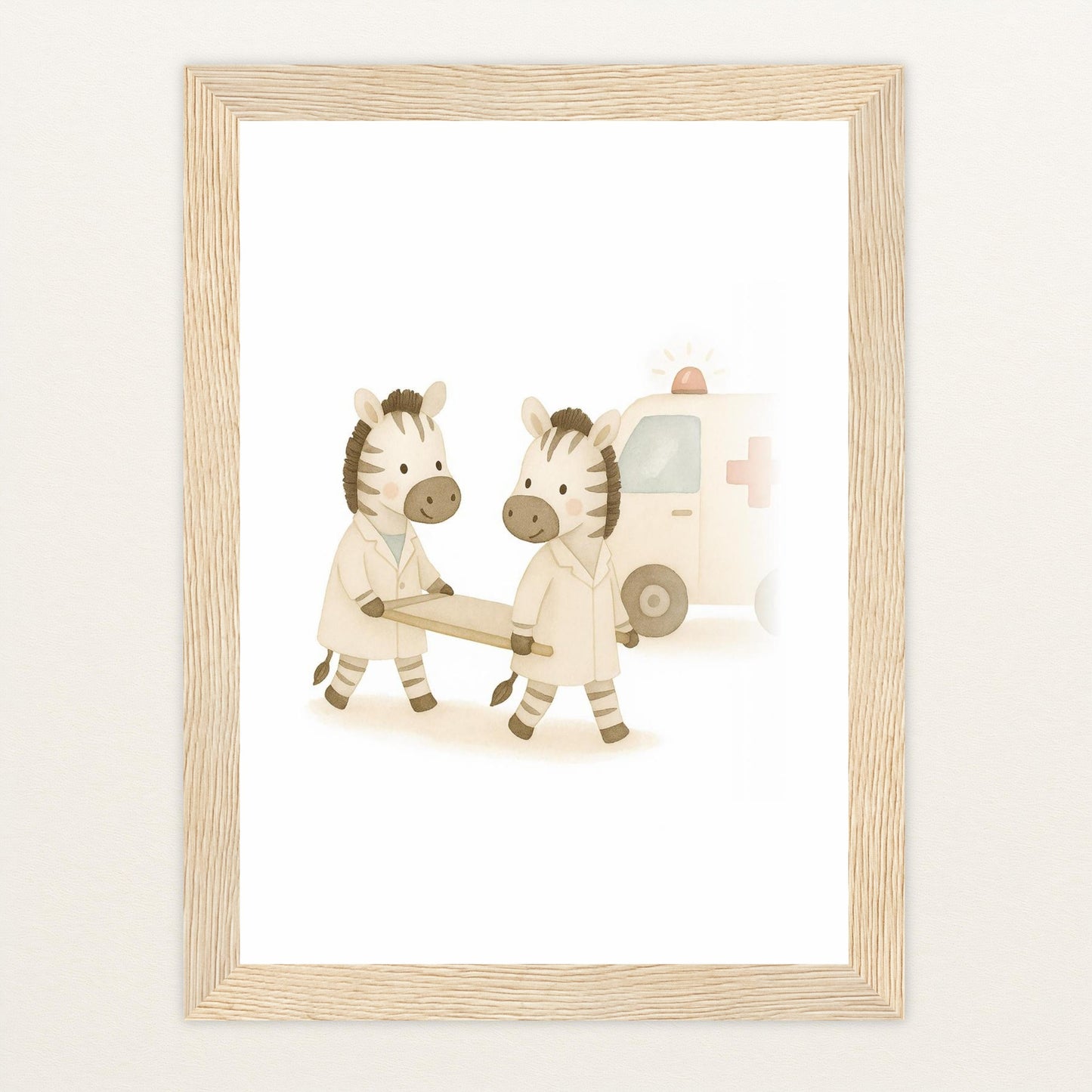 Zinni das Zebra - Motiv: "Krankenwagen" Poster mit Holzrahmen von tinylearner