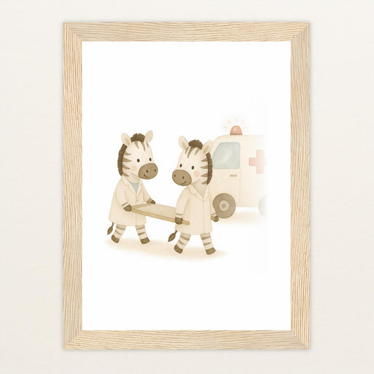 Zinni das Zebra - Motiv: "Krankenwagen" Poster mit Holzrahmen von tinylearner