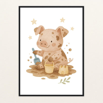 Susi das Schwein - Motiv: "Sandkasten" Poster mit Holzrahmen von tinylearner