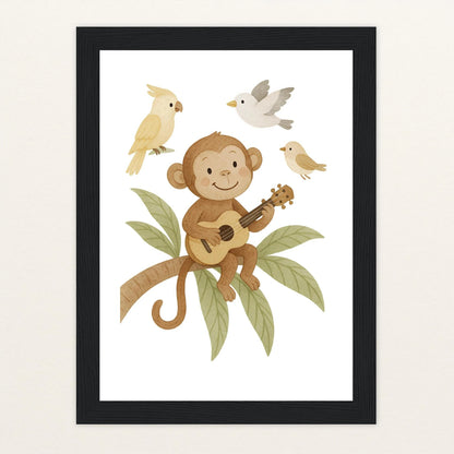 Aki der Affe - Motiv: "Ukulele" Poster mit Holzrahmen von tinylearner